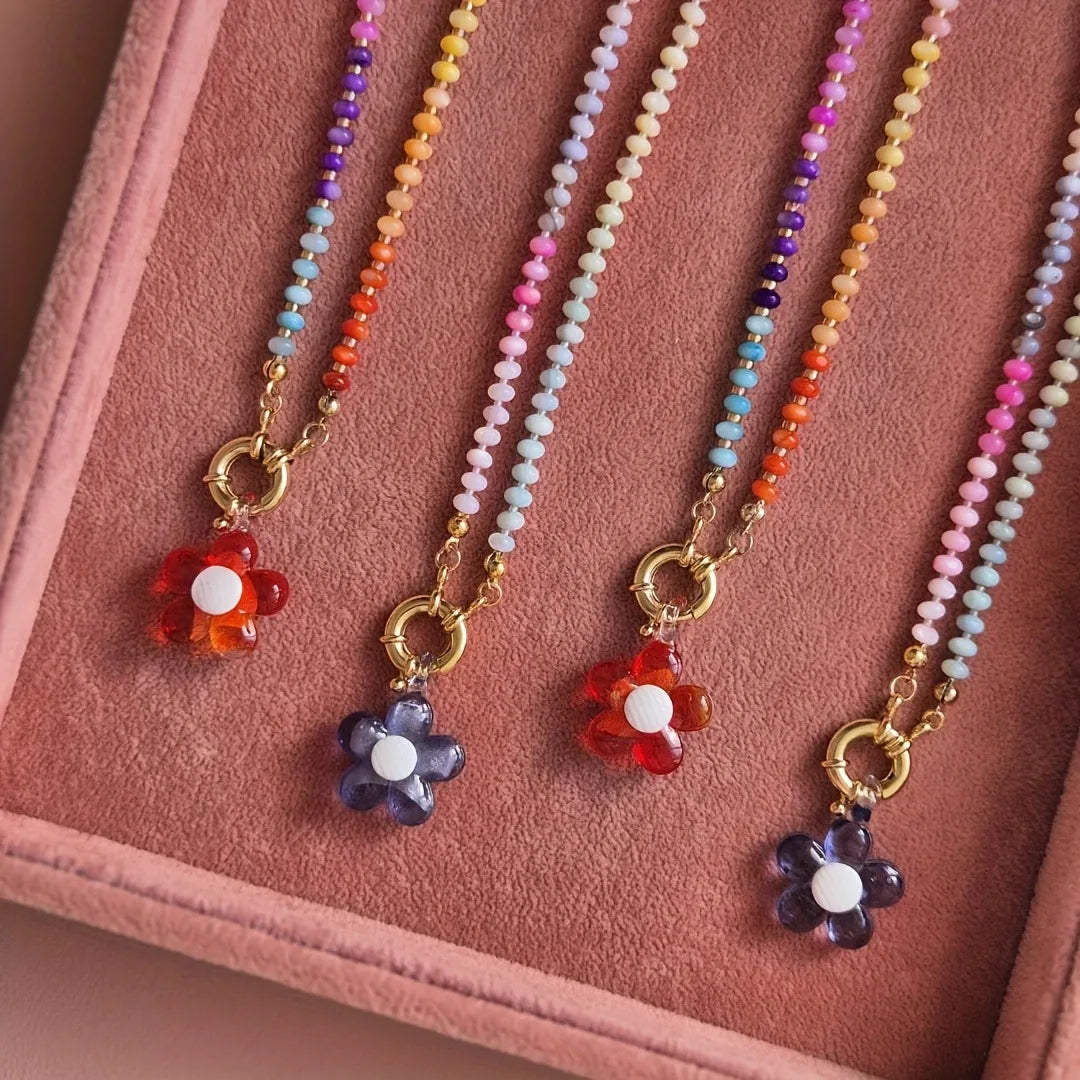 Handmade Colorful Glass Beaded Flower Neckalce Stainless Steel Geometric Natural Stone Pendant Choker Summer Beach Jewelry Gift
