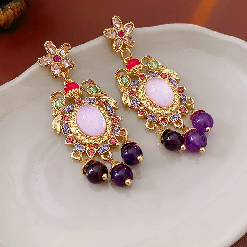 Mediaeval Retro Oval Resin Dangle Earrings Palace Style Rhinestones Flowers Tassels Pendant Ear Drops Jewelry Pendientes Mujer N