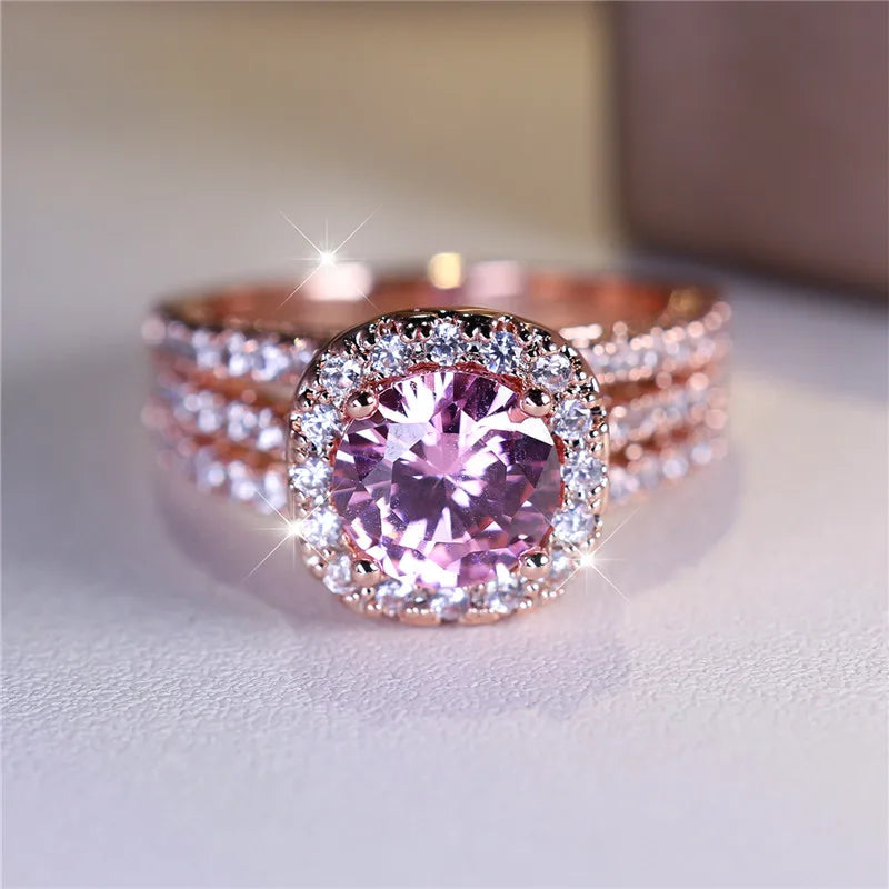 Luxury Female Small Pink Round Zircon Stone Engagement Ring Trendy Rose Gold Color Bride Wedding Jewelry Gift For Women