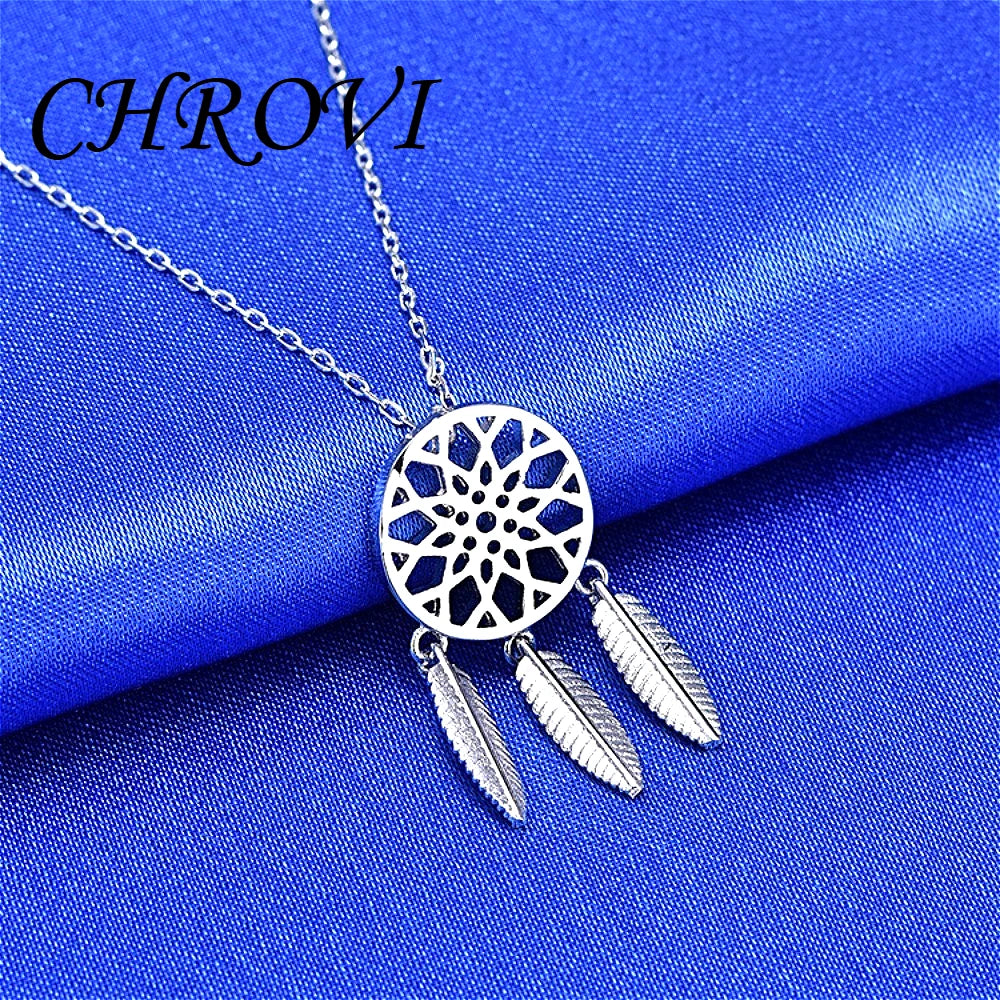 Sweet 925 Sterling Silver Dreamcatcher Hollow Flower Cute Tassel Leaf Necklace for Women