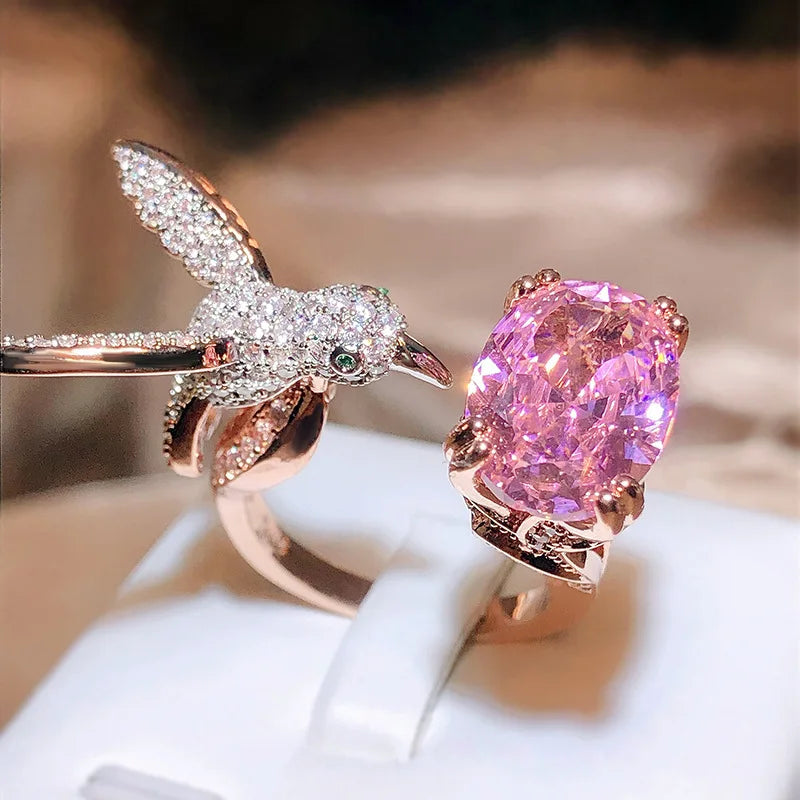 Creative Colored Gemstone Women Ring Simulating St. Mary's Aquamarine Hummingbird Ring 925 Stamp Wedding Party Fashion Jewellery