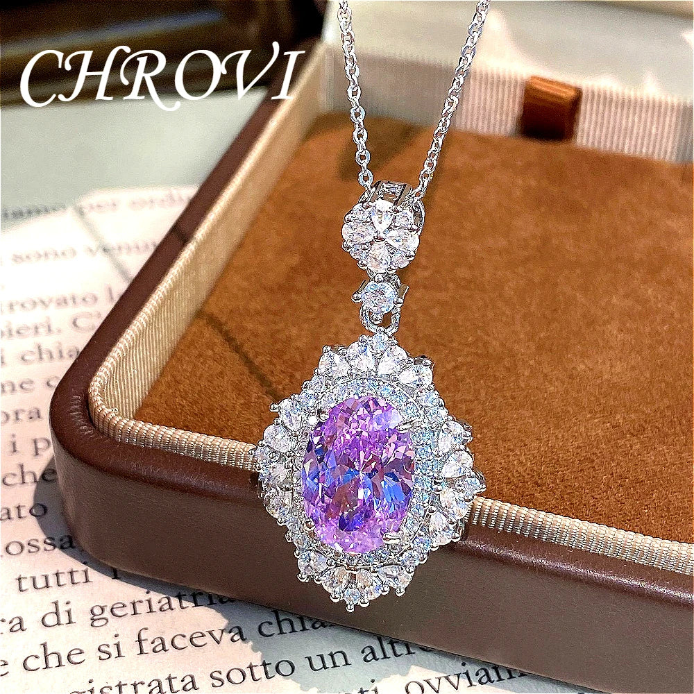 Luxury-Style 925 Sterling Silver Round Ice Flower Necklace for Women - High-Class Elegant Elliptical Full Diamond Collar Chain