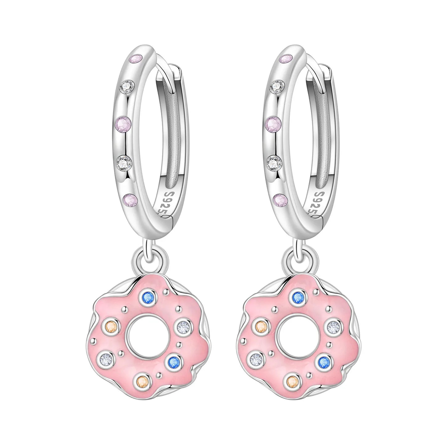 Hot Sale Original 925 Sterling Silver Zircon Pink Doughnut Earrings Flower Paw Print Design Women Party Jewelry Gifts Ear Loops
