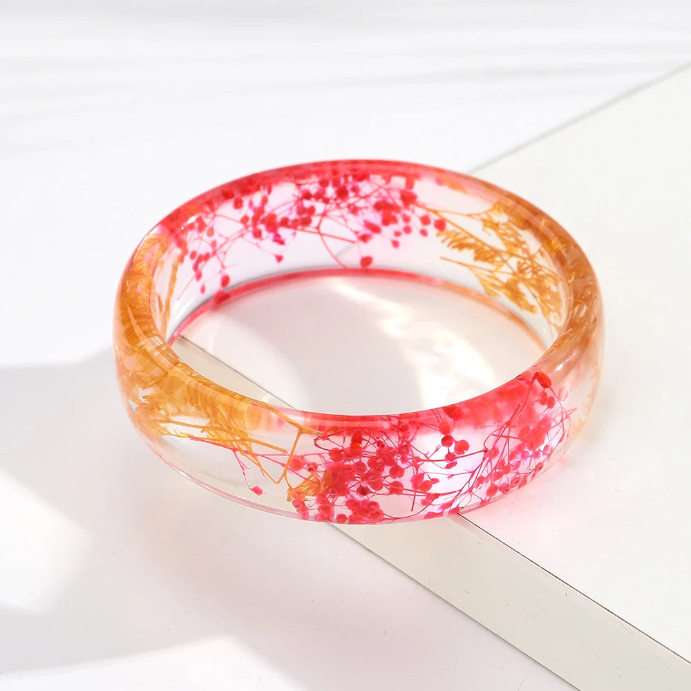 Vintage Dried Flowers Transparent Resin Chunky Bangles New Stackable Cuff Bangle Bracelets for Women Charm Jewelry
