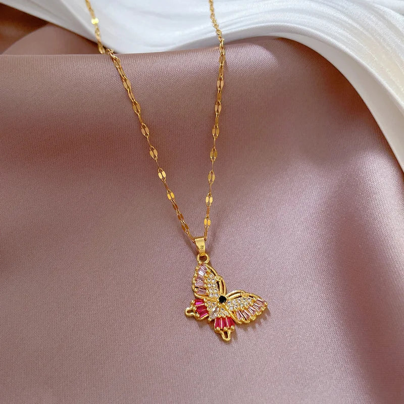 Stainless Steel Elegant Statement Butterfly Pendant Necklace Rhinestone Chain for Women Bling Crystal Choker Party Jewelry
