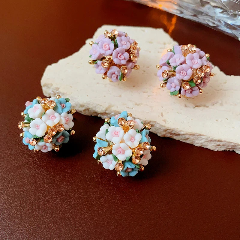 Pink Rhinestone Ceramic Flower Ball New in Stud Earrings for Women Temperament Versatile Earring Luxury Silver Jewelry Wholesale