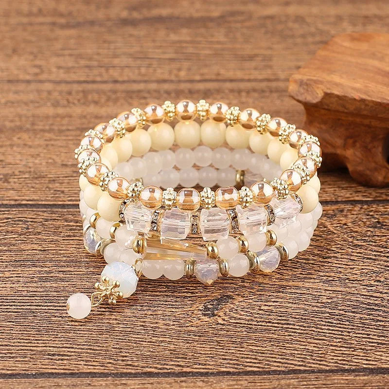 4Pcs Bohemian Bracelet Sets for Women Stackable Glass Acrylic Beads Chain Stretch Bracelets Boho Dainty Jewelry Best Friend Gif