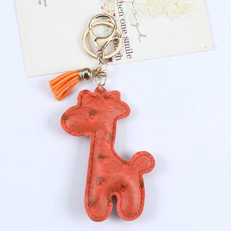 Fashion Cute PU Leather Giraffe keychain for Women Emboss Tassel Animal Key Chain Handbag Car Key Decoration Jewelry Gift