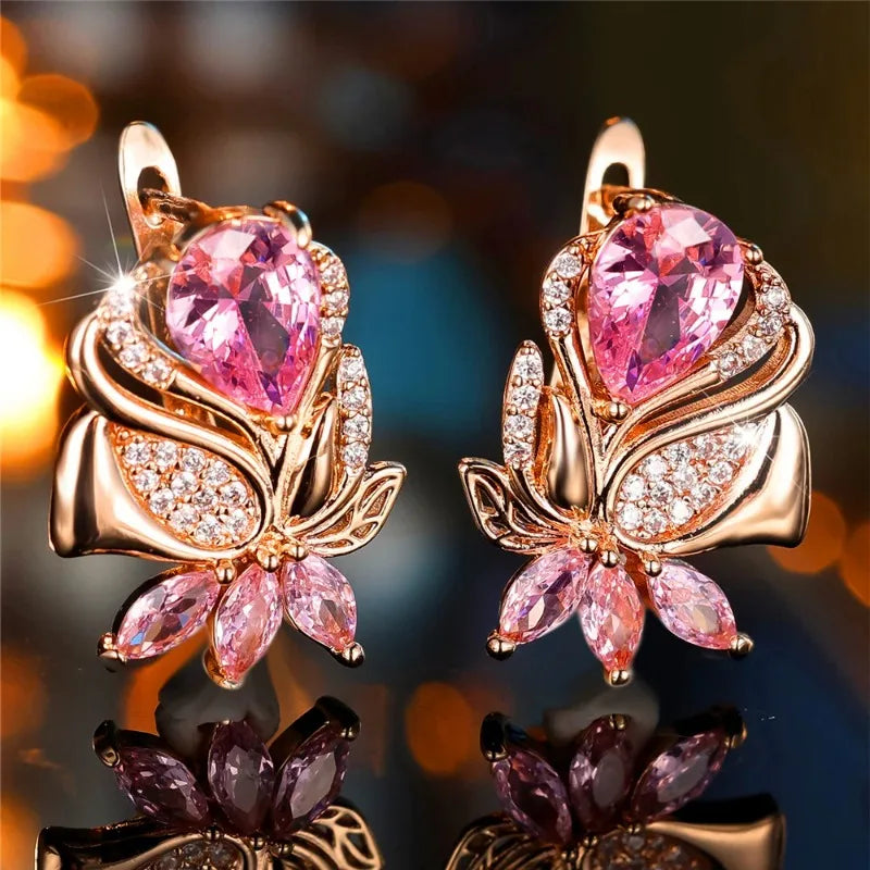 Luxury Female Pink Zircon Hoop Earrings For Women Gold Color Wedding Jewelry Daily Accessories Party Jewelry Gift for Girlfriend