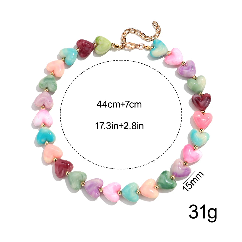 New Colorful Acrylic Geometric Heart Beaded Necklace Bracelet Set Fashion Love Heart Beads Choker Necklace Women Jewelry Gifts