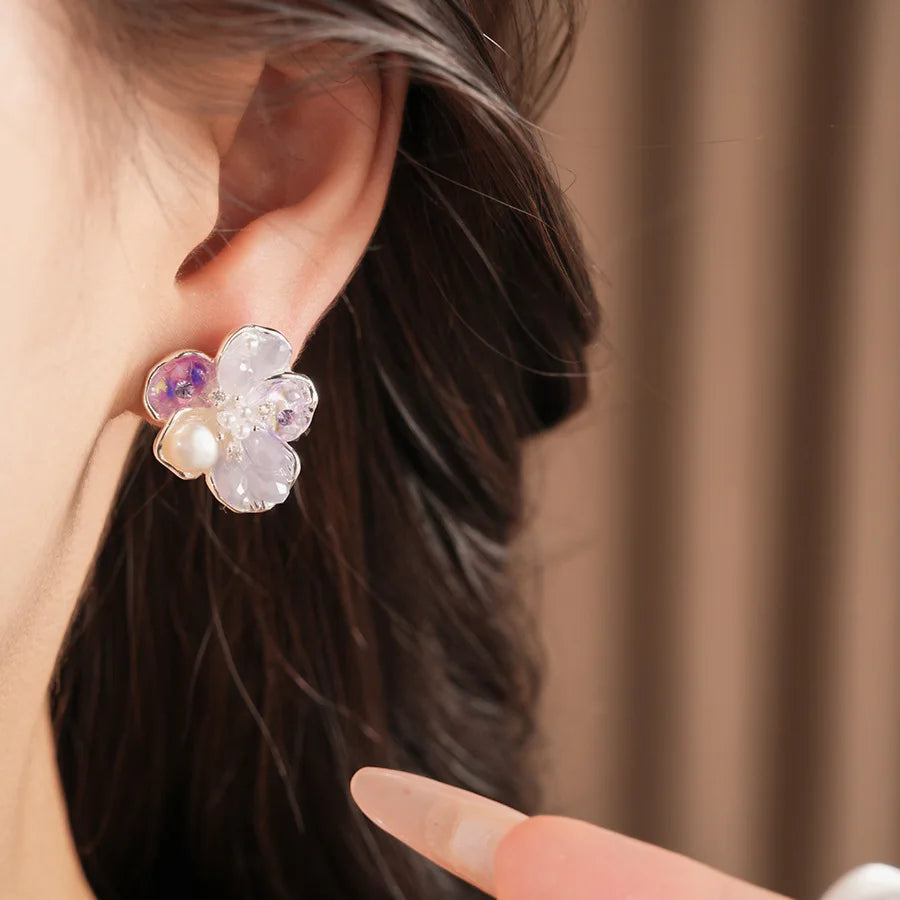 Iridescent Glass Beads Zircon Flower Stud Earrings Pastel Floral Imitation Pearl Earrings for Women Fairy Dating Daily Jewelry N