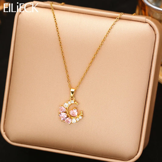 EILIECK 316L Stainless Steel Luxury Bling Zircon Moon Heart Pendant Necklace For Women 18K PVD Plated Neck Chain Jewelry Gift