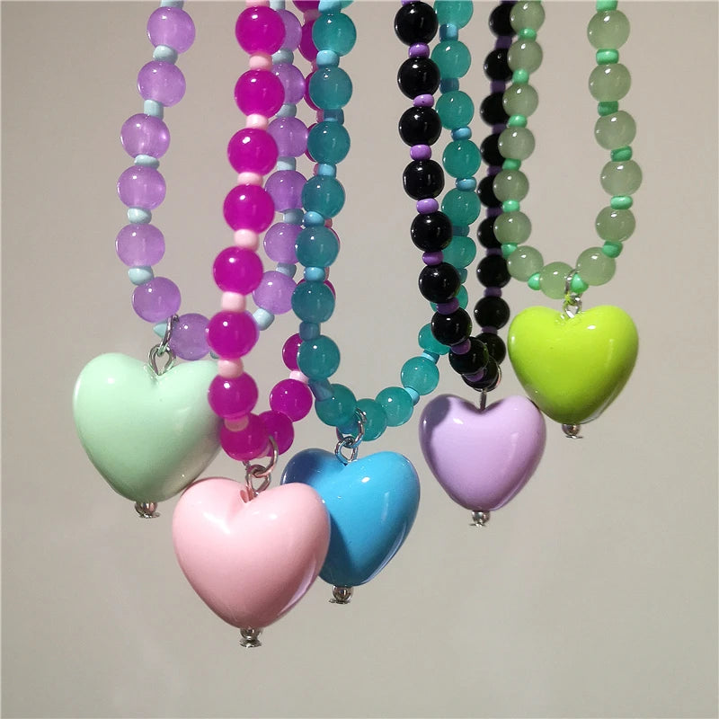 2026 New Color Beaded Chain Resin Heart Pendant Necklace For Women Girls Trendy Clavicle Chain Delicate Jewelry Gift