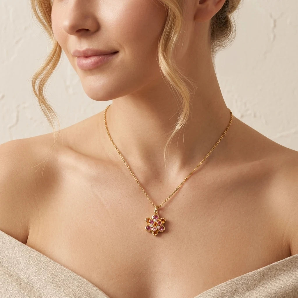 Ladies Gold Plated Floral Pendant Necklace with Multi-Color Cubic Zirconia Elegant Jewelry for Daily Commute Parties Gifts