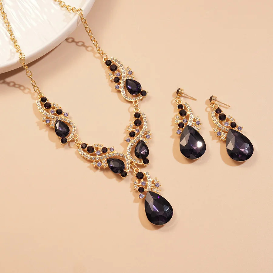 Purple Rhinestone Pendant Necklaces Drop Earrings Party Banquet Jewelry Set Vintage Water Drop Necklace Earrings Accessories H