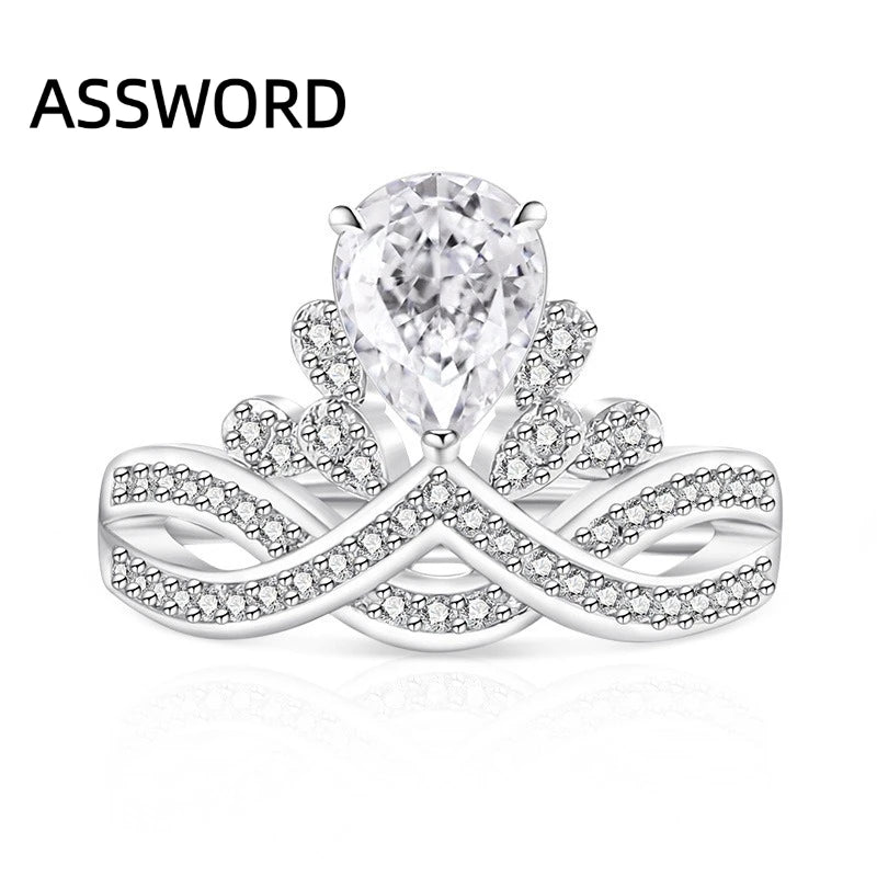 925 Sterling Silver Crown Teardrop Ice Flower Cut Cubic Zirconia Ring Twisted Split Shank Wedding Jewelry Gift for Women