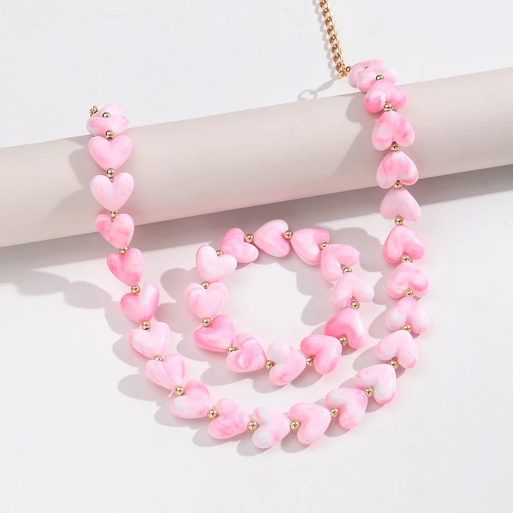 New Colorful Acrylic Geometric Heart Beaded Necklace Bracelet Set Fashion Love Heart Beads Choker Necklace Women Jewelry Gifts