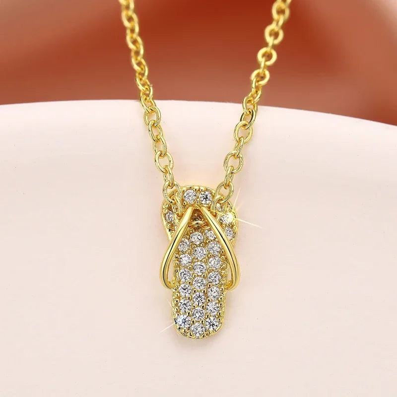 Chic Flip Flops Shaped Pendant Necklace for Women Bling Crystal CZ Funny Summer Girls Neck Accessories Statement Jewelry