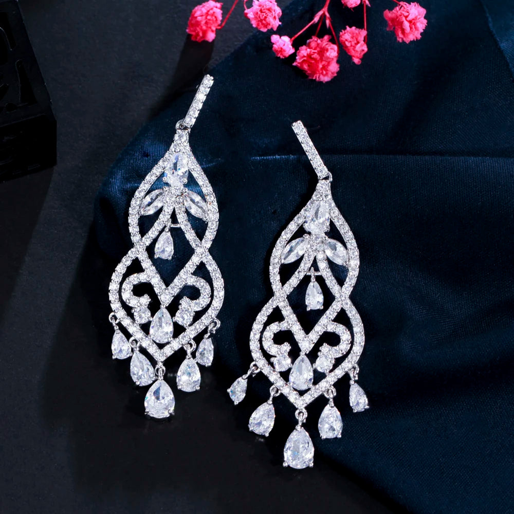 ThreeGraces Elegant Trendy Shiny White Zirconia Long Tassel Drop Bridal Wedding Party Dangle Earrings Jewelry for Women E2066