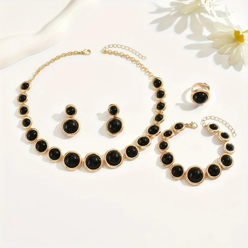 5pcs/set Metal Sphere Necklace Simple Luxury Resin Cord Bracelet for Women Elegant Ring Earring Party Accessory Vacation Gifts
