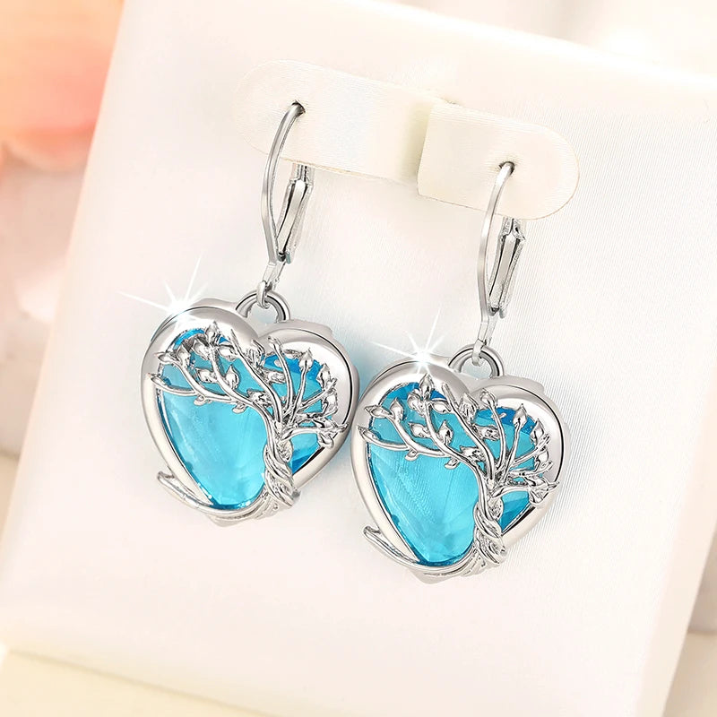 Huitan Elegant Women Blue Heart Drop Earrings Aesthetic Engagement Accessories Charming Tree Design Anniversary Jewelry Gift