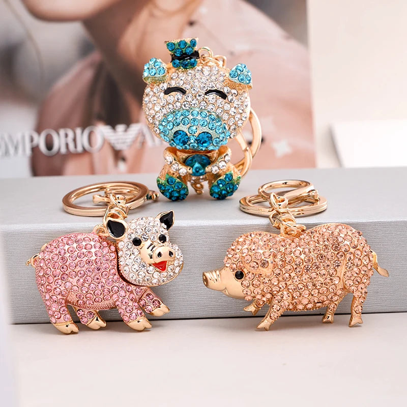 EASYA Cute Pig Shape Keychain Bag Key Ring Kawaii Anime Vintage Metal Crystal High-end Luxury Ladies Charm Jewelry gifts friends