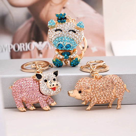 EASYA Cute Pig Shape Keychain Bag Key Ring Kawaii Anime Vintage Metal Crystal High-end Luxury Ladies Charm Jewelry gifts friends