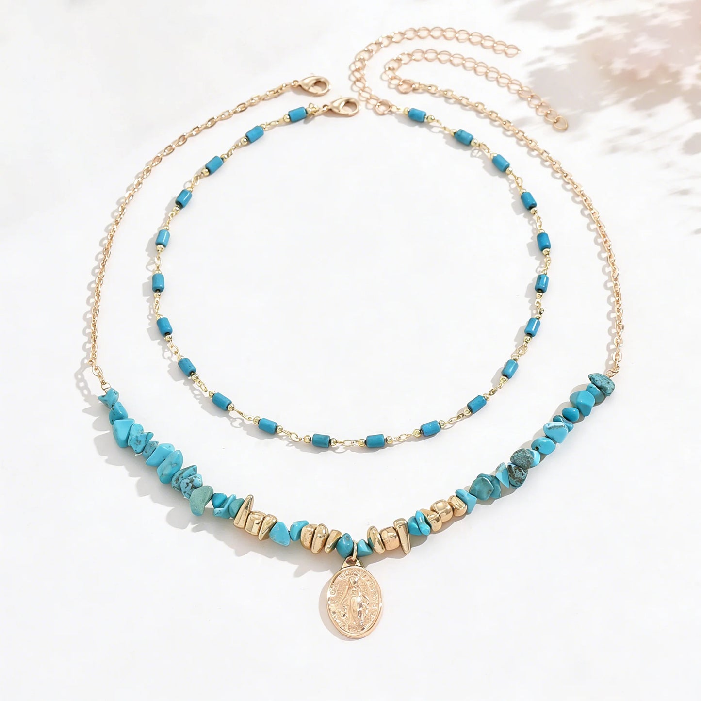 2Pcs Vintage Blue Natural Stone Beads Choker Necklaces for Women Bohemia Geometry Pendant Necklace Trendy Neck Jewelry