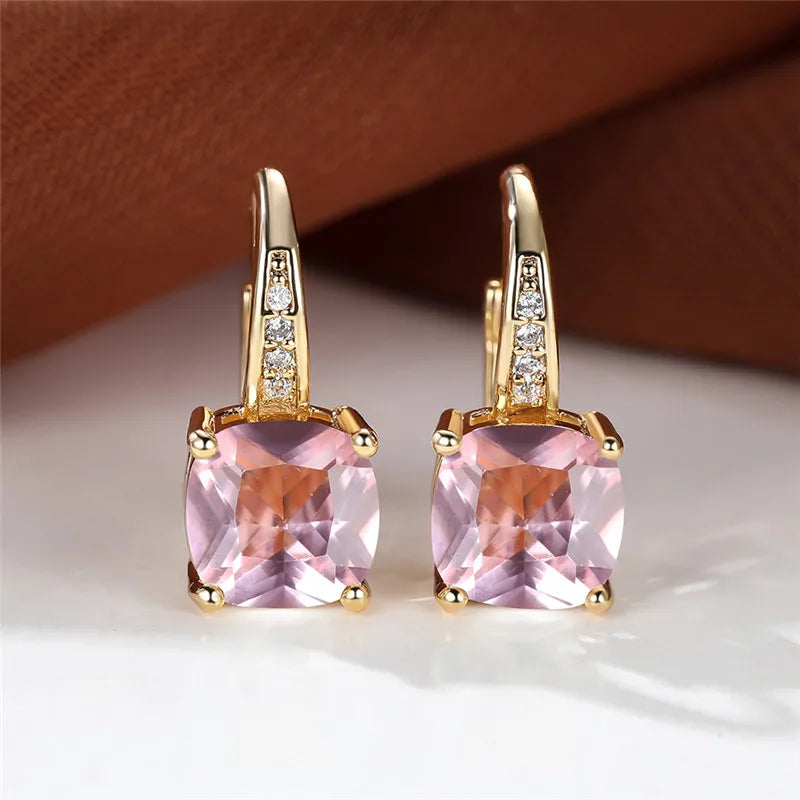 Blue Zircon Square Stone Luxury Crystal Rainbow Hoop Earrings Boho Gold Color Engagement Wedding Jewelry For Women