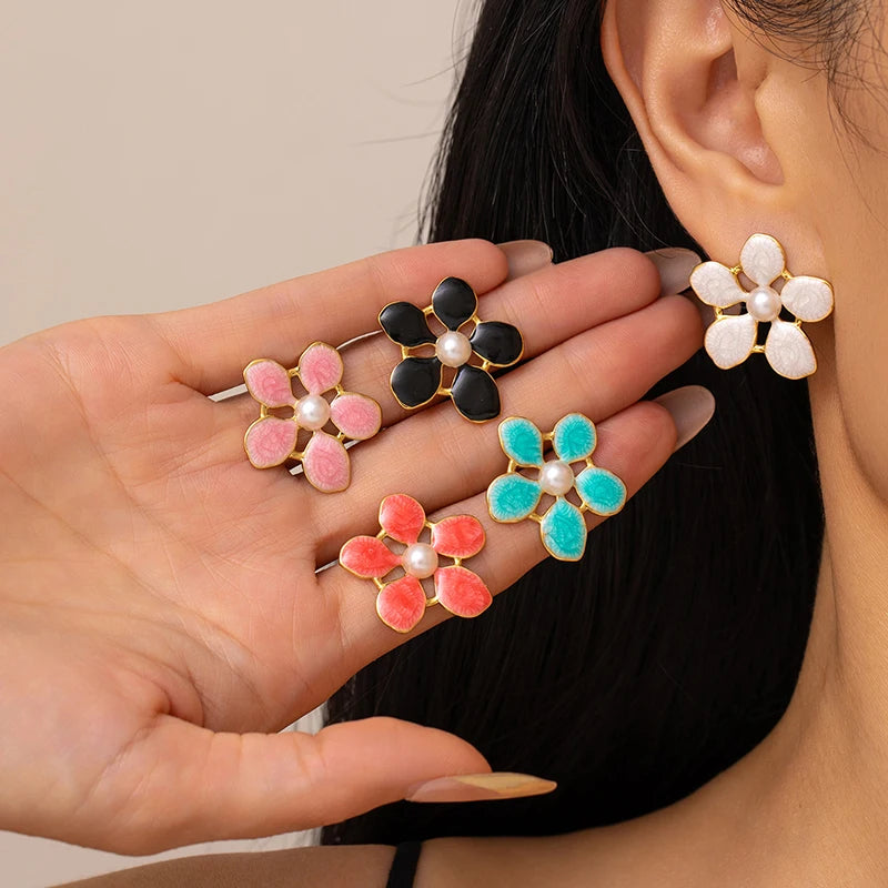 ANENJERY 316L Stainless Steel Flowers Imitating Pearls Stud Earrings For Women Luxury Niche Temperament Simple Jewelry Gift