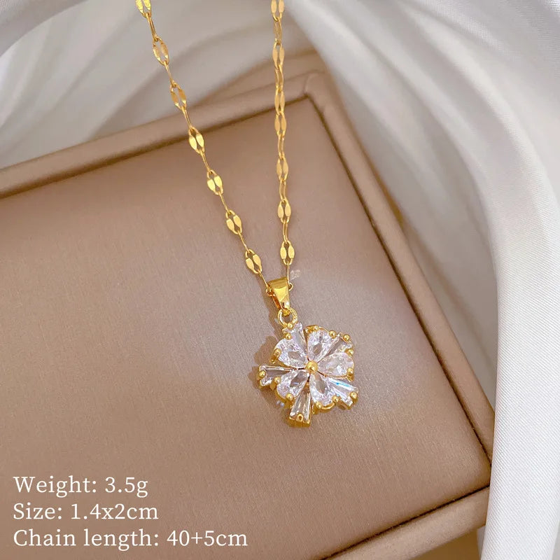 316L Stainless Steel Luxury Zircon Flower Pendant Necklace For Women Girl New Trend Clavicle Chain Jewelry Lady Gift