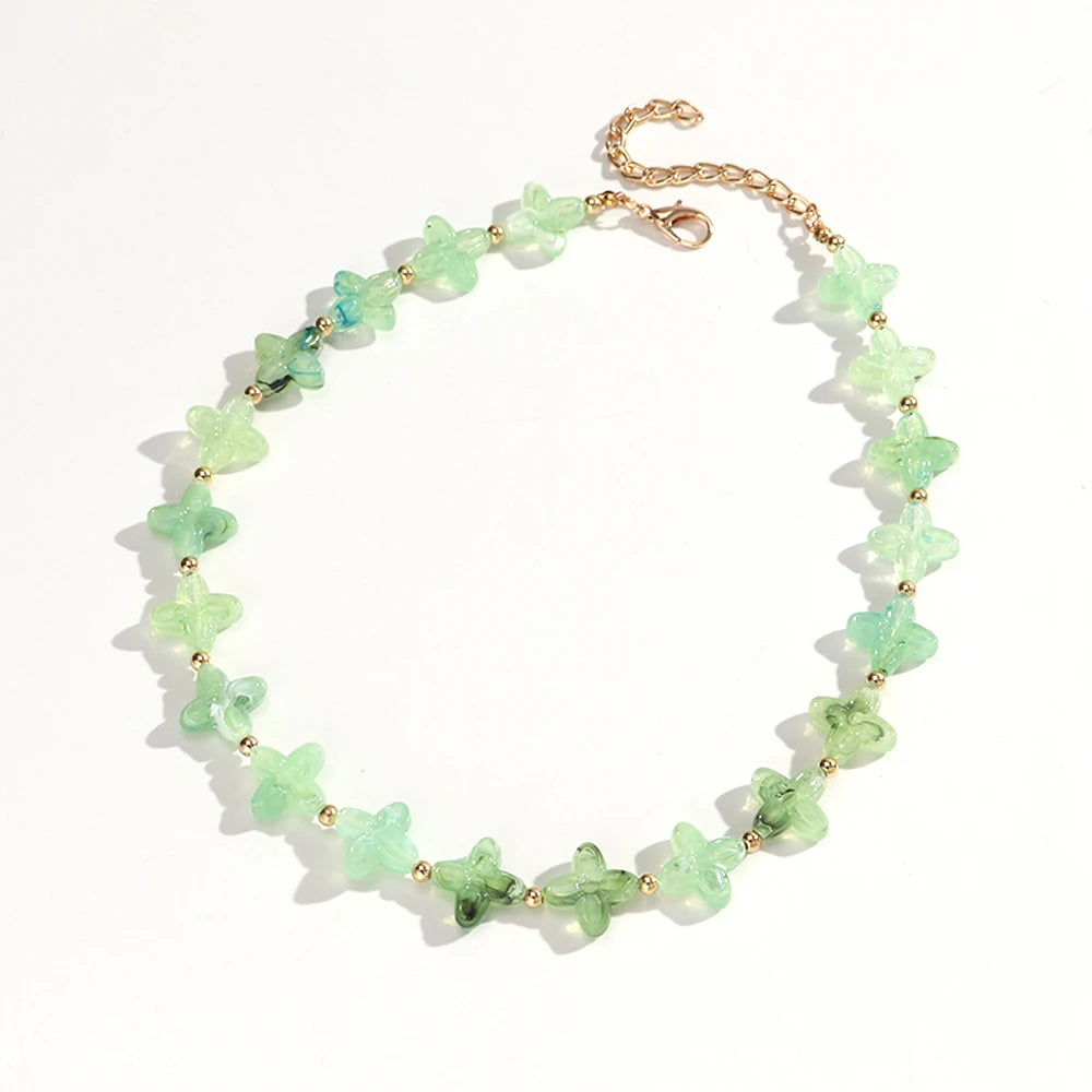 Cute Colorful Geometric Flower Beaded Choker Necklace Sweet Resin Beads Necklaces for Women Spring Summer Jewelry Gifts
