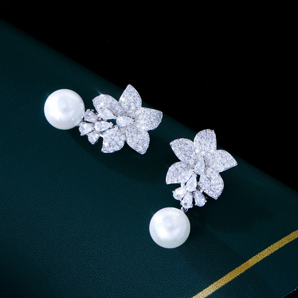 ThreeGraces Sparkling Cubic Zirconia Simulated Pearl Long Flower Dangle Earrings for Women Trendy Bridal Wedding Jewelry E1855