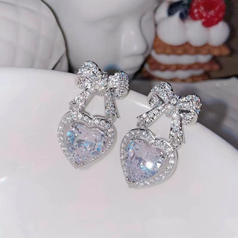 Exquisite Pink Heart Shape Bowknot Stud Earrings For Women Shining CZ Zircon Love Earring Girl Wedding Party Temperament Jewelry