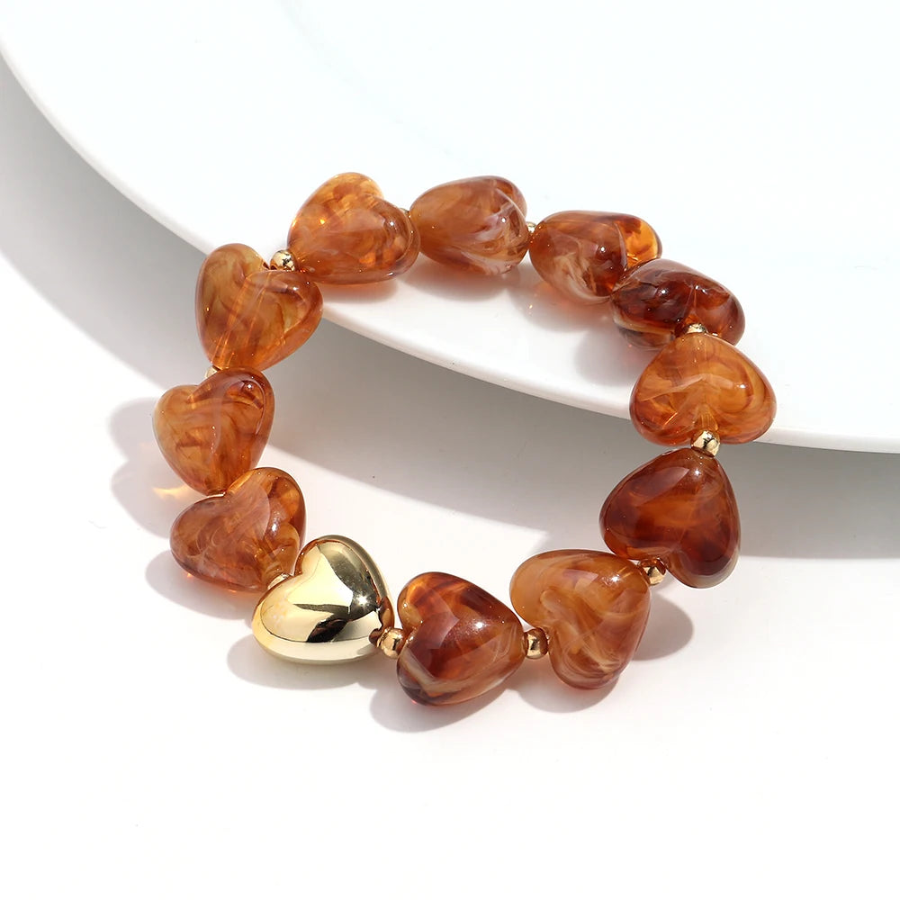 Sweet Resin Love Heart Beads Elastic Bracelets for Women Cute Geometric Heart Shape Stretch Bracelet Party Jewelry Gifts