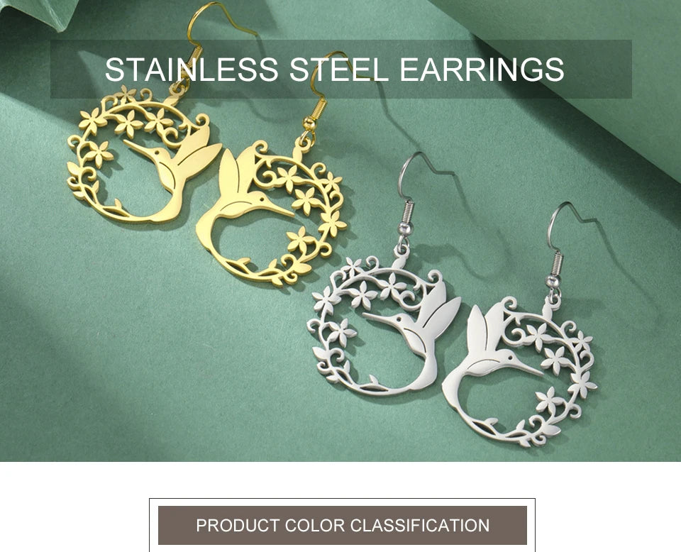 My Shape Hummingbird Earrings for Women Stainless Steel Flowers Birds Dangle Earrings Filigree Boho Fashion Jewelry  Gifts