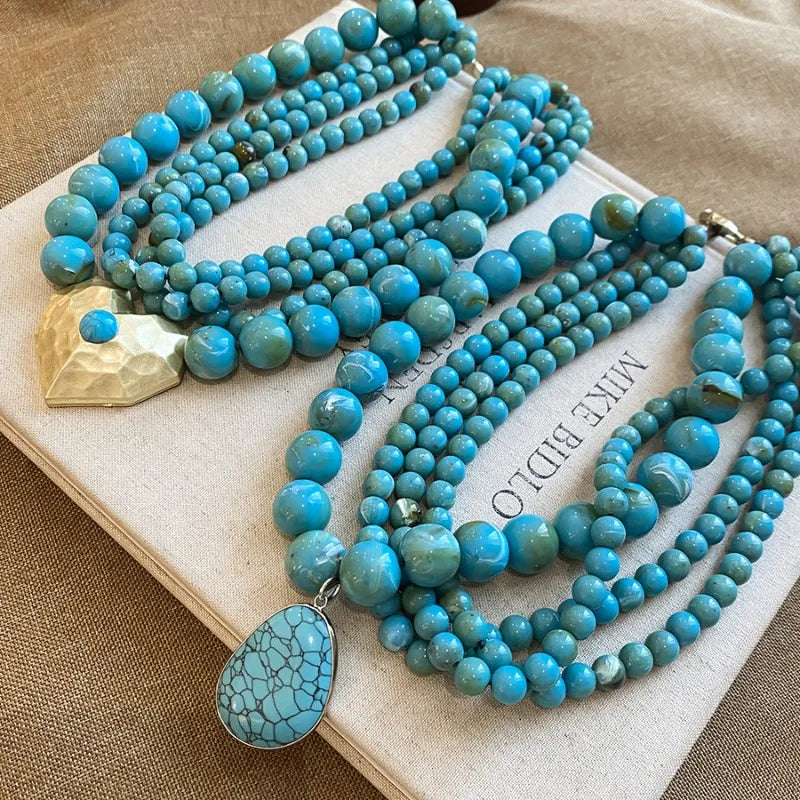 Multilayer Acrylic Beaded Necklaces Geometric Heart Pendant Turquoise Boho Vintage Ethnic Chokers Collarbone Chain Women Jewelry