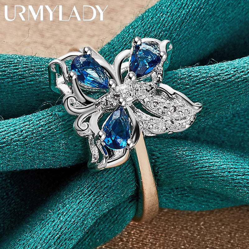 URMYLADY 925 Sterling Silver Butterfly Blue Zircon 7-10# Ring For Women Fashion Wedding Party Charm Jewelry