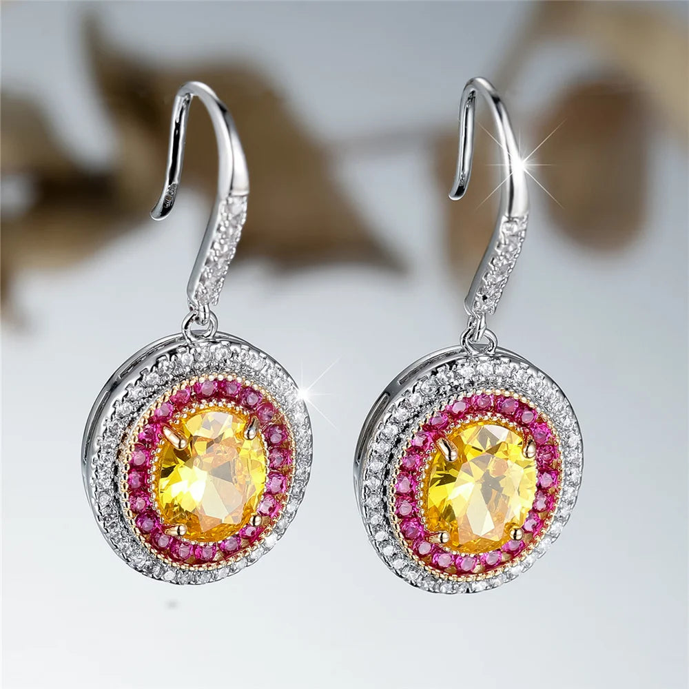 Luxury Female Big Yellow Oval Zircon Stone Drop Dangle Earrings Cute Silver Color Party Jewelry For Women