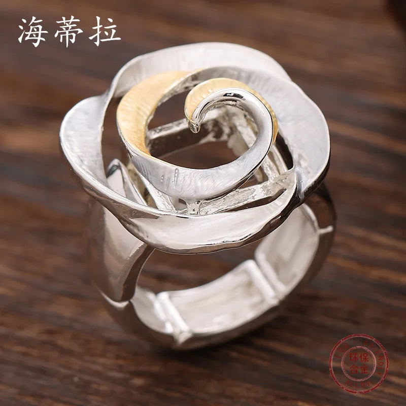 new color painting oil geometric hollow rose elastic ring, fashionable versatile women's alloy ring