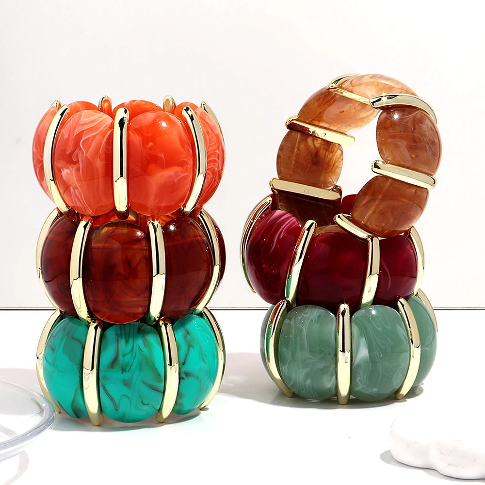 Fashion Acrylic Colorful Wide Elastic Geometric Petal Bangle Bracelets Exaggerate Curved Beads Cuff Bracelet Gifts for Women