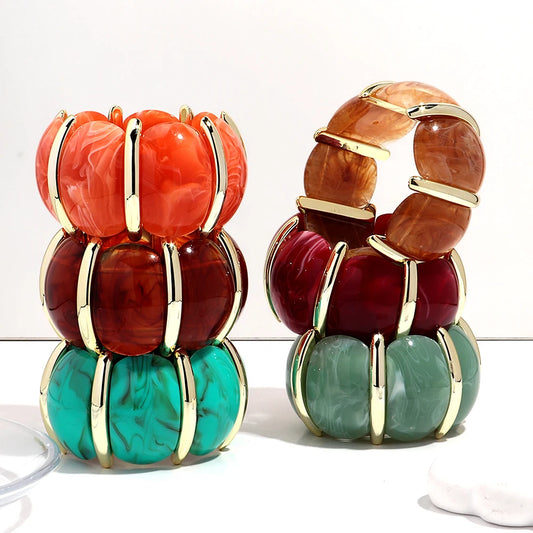 Fashion Acrylic Colorful Wide Elastic Geometric Petal Bangle Bracelets Exaggerate Curved Beads Cuff Bracelet Gifts for Women