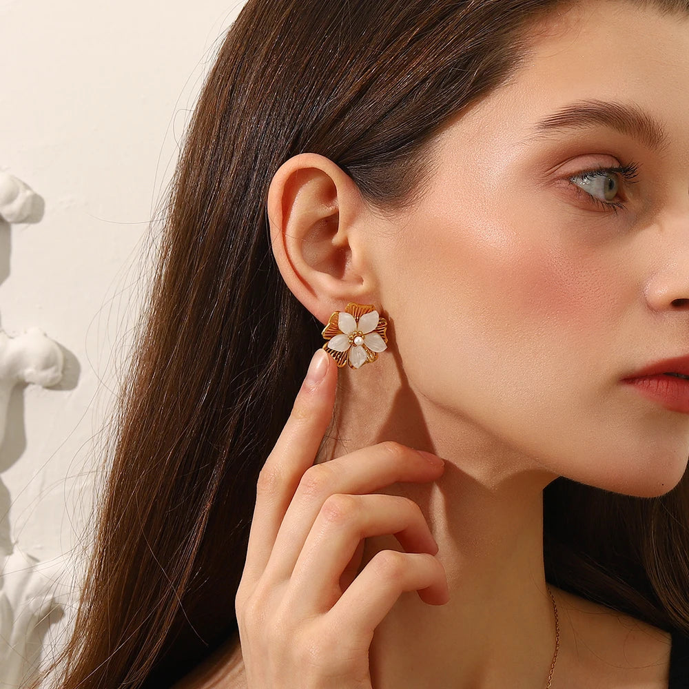 E.B.belle Double Layer Shell Flower Stud Earring PVD Plated Stainless Steel Waterproof Hypoallergenic Women Jewelry Accessories