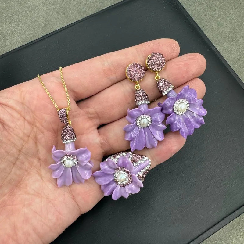 NISHIZAWA Baroque Pearls Earrings for Women Purple Flowers Vintage 3 Pieces Jewelry Sets Elegant Fashion Aretes De Mujer