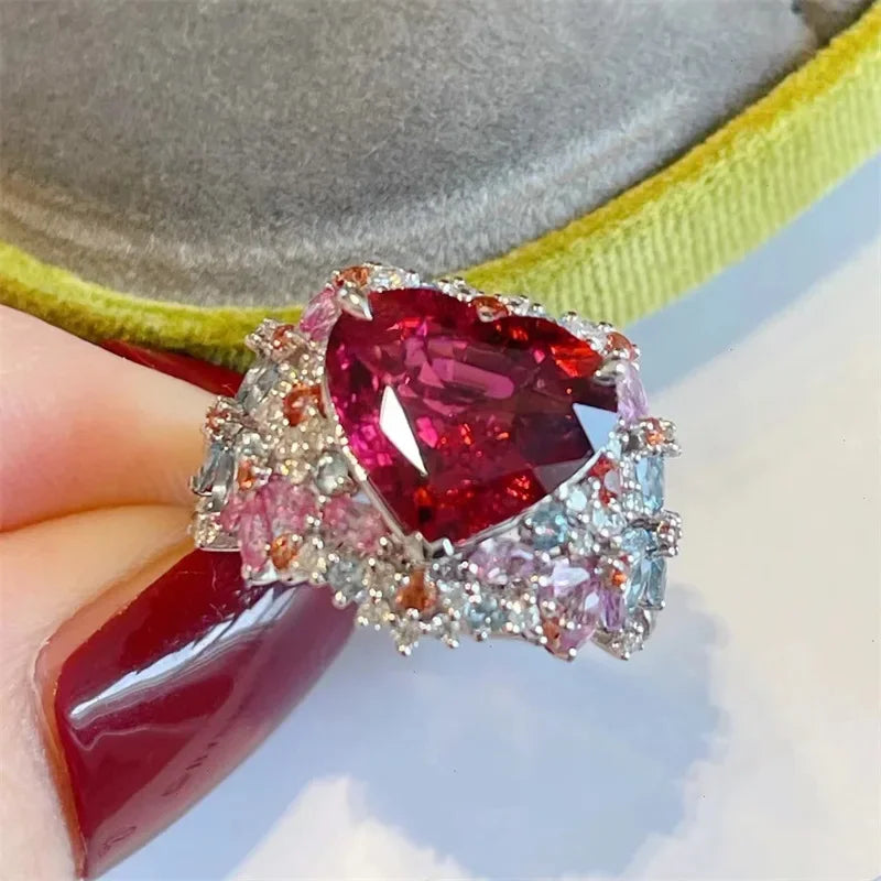 Simple Heart Ruby Ring for Women Female 925 Sterling Silver Open Finger Rings Romantic Gift for Girlfriend Zircon Jewelry