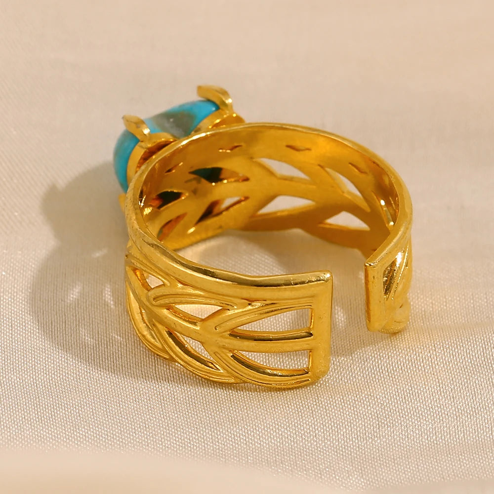 E.B.belle Leaf Pattern Natural Blue Turquoise Stone Heart Opening Ring 18K Gold Plated Stainless Steel Party Waterproof Jewelr y