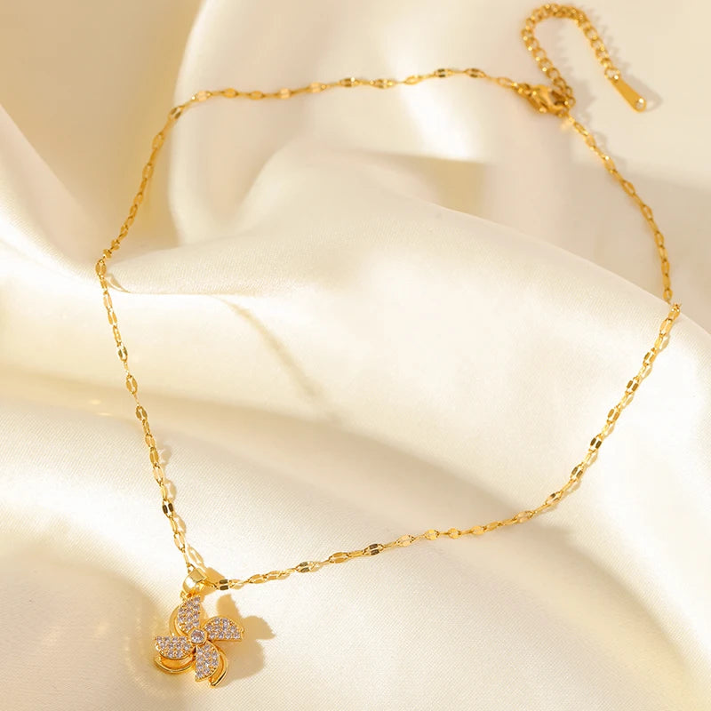 EILIECK New Fashion Stainless Steel Rotating Green Clover Zircon Necklace Bracelet Set For Women Trendy Waterproof Jewelry Gift