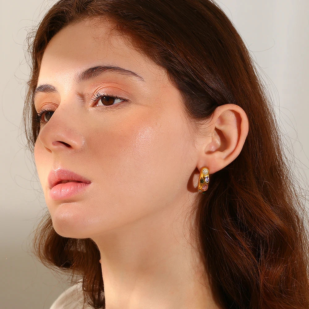 E.B.belle Geometry Colorful Zircon C-shpaed Stud Earring Basic Fahsion Stainless Steel Women Jewelry Waterproof Hypoallergenic