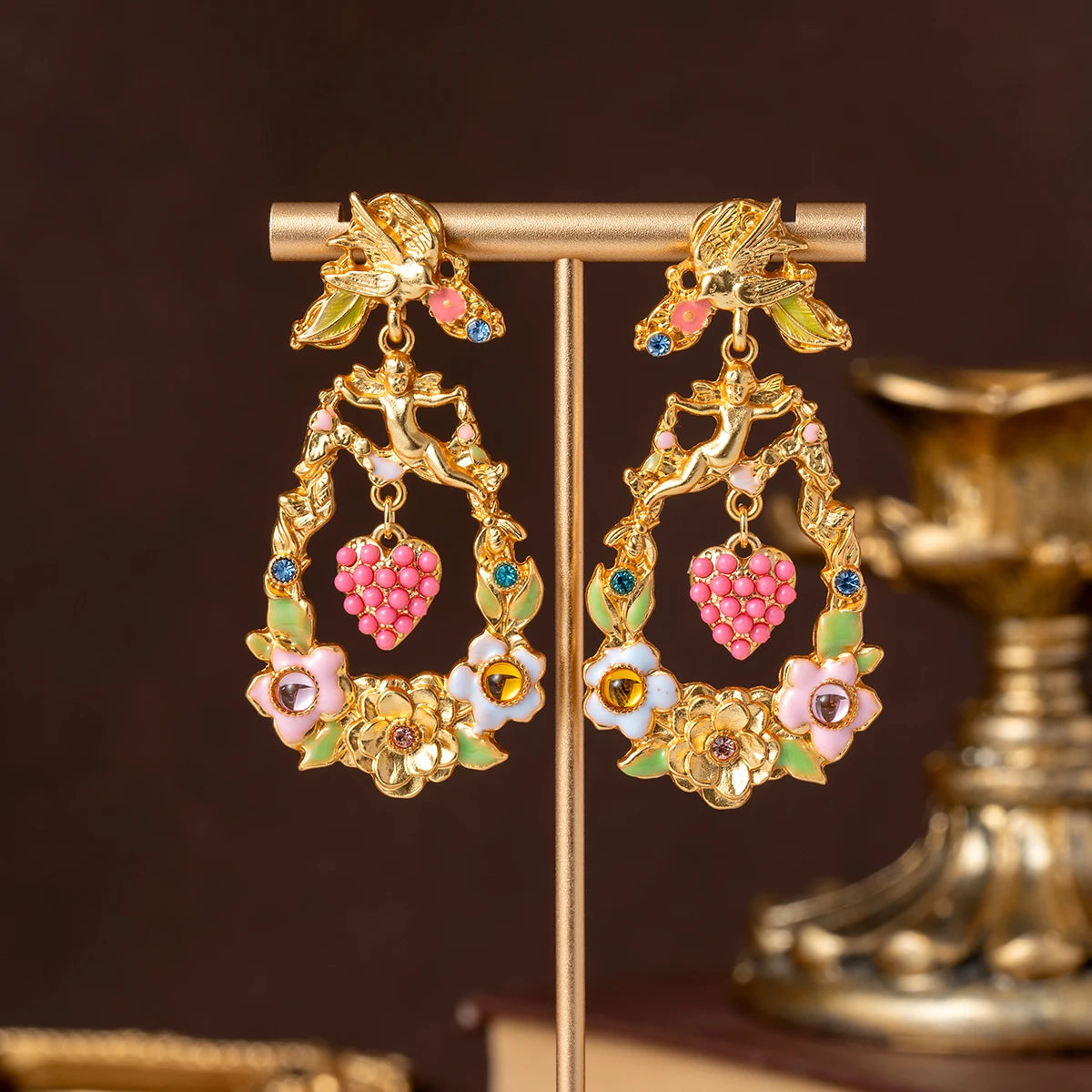 Vintage Baroque Angel Flower Earrings with Enamel and Antique Gold Heart Pendant, French Court Style Niche Earrings for Women
