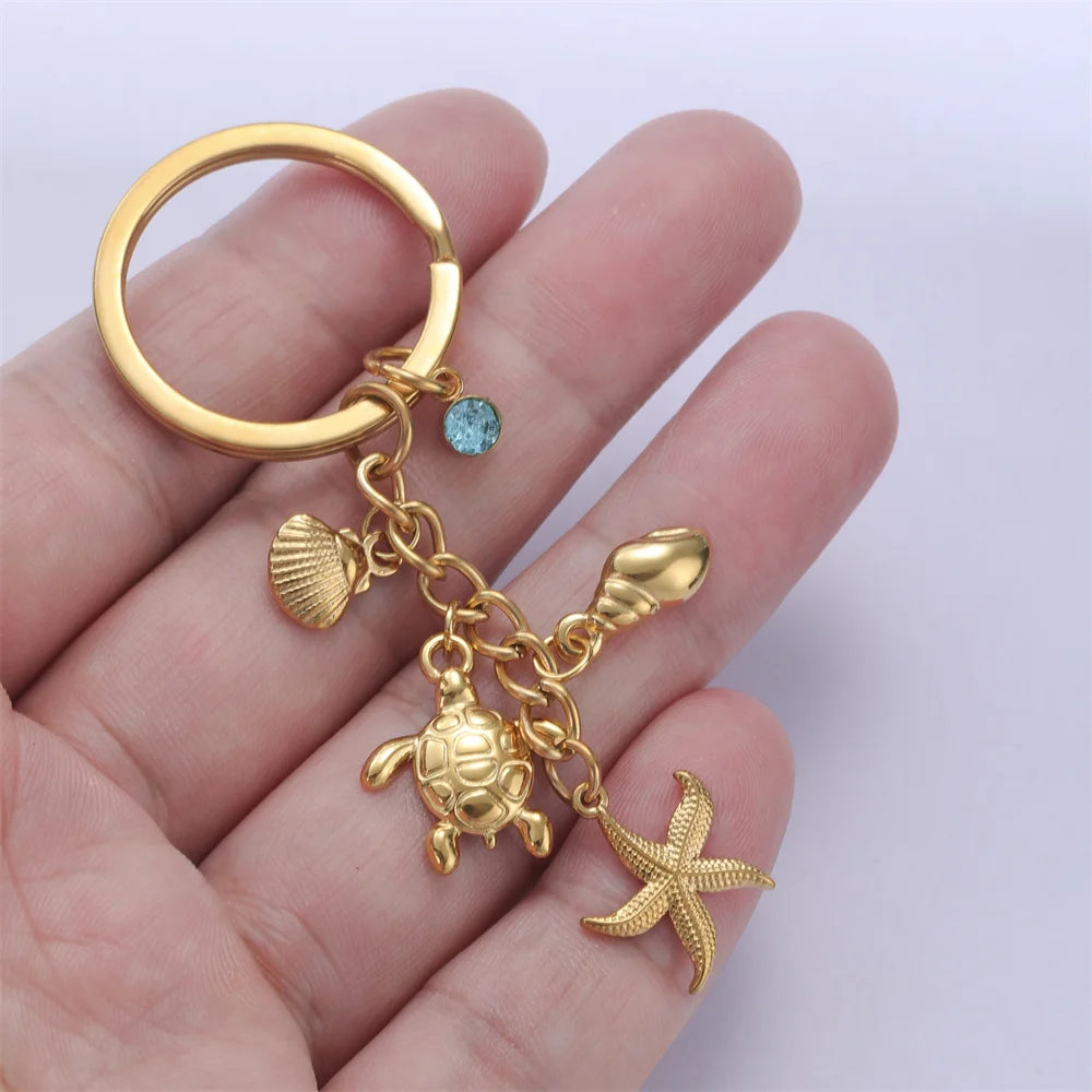 Turtle Starfish Shell Keychain Ocean Theme Stainless Steel Seashell Conch Crystal Charms Key Ring Fashion Beach Bag Holiday Gift